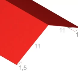 Gąsior 11-11-1,5-1,5 cm kąt 120 stopni - Gotowa obróbka blacharska - widok z góry po skosie wraz z wymiarami produktu - pokazany przekrój tej gotowej obróbki blacharskiej