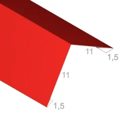Gąsior 11-11-1,5-1,5 cm kąt 90 stopni - Gotowa obróbka blacharska - widok z góry po skosie wraz z wymiarami produktu - pokazany przekrój tej gotowej obróbki blacharskiej