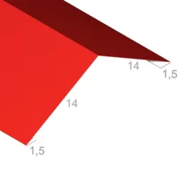 Gąsior 14-14-1,5-1,5 cm kąt 120 stopni - Gotowa obróbka blacharska - widok z góry po skosie wraz z wymiarami produktu - pokazany przekrój tej gotowej obróbki blacharskiej