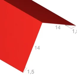 Gąsior 14-14-1,5-1,5 cm kąt 90 stopni - Gotowa obróbka blacharska - widok z góry po skosie wraz z wymiarami produktu - pokazany przekrój tej gotowej obróbki blacharskiej