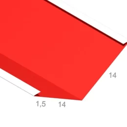 Rynna koszowa 14-14-1,5-1,5 cm - Gotowa obróbka blacharska - widok z góry po skosie wraz z wymiarami produktu - pokazany przekrój tej gotowej obróbki blacharskiej