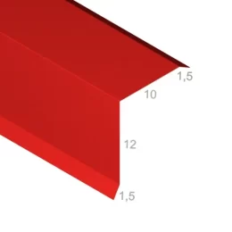 Wiatrownica na blachę 12-10-1,5-1,5 cm - Gotowa obróbka blacharska - widok z góry po skosie wraz z wymiarami produktu - pokazany przekrój tej gotowej obróbki blacharskiej