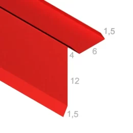 Wiatrownica pod blachę lub blachodachówkę 12-6-4-1,5-1,5 cm - Gotowa obróbka blacharska - widok z góry po skosie wraz z wymiarami produktu - pokazany przekrój tej gotowej obróbki blacharskiej
