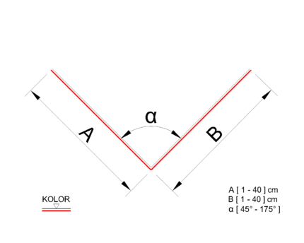 Obróbka blacharska - Kątownik wewnętrzny na wymiar - przekrój - wymiary - Rozmiar A 1-40 cm, Rozmiar B 1-40 cm, Kąt alfa 45-175 stopni