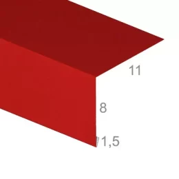 Pas nadrynnowy na dach plaski 11-8-1,5 cm - Gotowa obróbka blacharska - widok z góry po skosie wraz z wymiarami produktu - pokazany przekrój tej gotowej obróbki blacharskiej