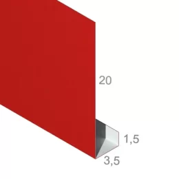 Pas podrynnowy 20-3,5-1,5 cm - Gotowa obróbka blacharska - widok z góry po skosie wraz z wymiarami produktu - pokazany przekrój tej gotowej obróbki blacharskiej