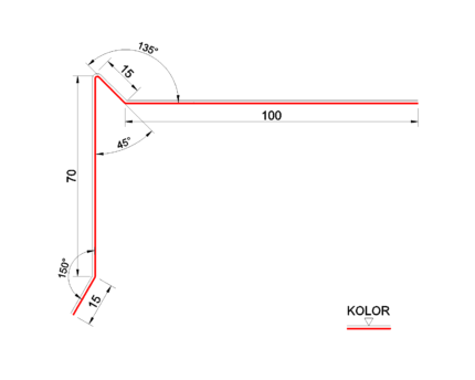 Obróbka blacharska - wiatrownica pod gont lub papę v2 7x10x1,5x1,5 - gotowa obróbka - przekrój 2d - wymiary